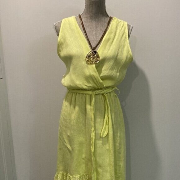 Via Signora Neon Yellow Linen Maxi Dress Medium fit - Picture 4 of 16